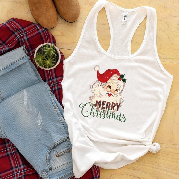 Hand Crafted Tops - Retro Santa Shirt Womens Vintage Style Merry Christmas Holiday Tank Top